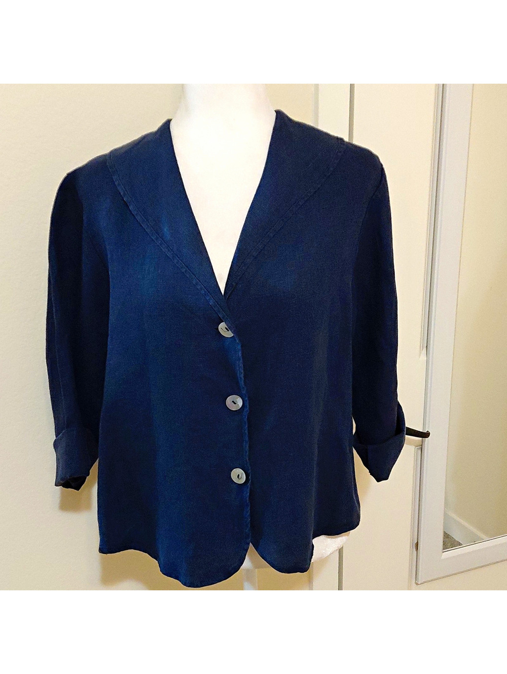 Bryn Walker Blue Solid Collared Button Front Short Jacket 3/4 Sleeve 2XS 1100